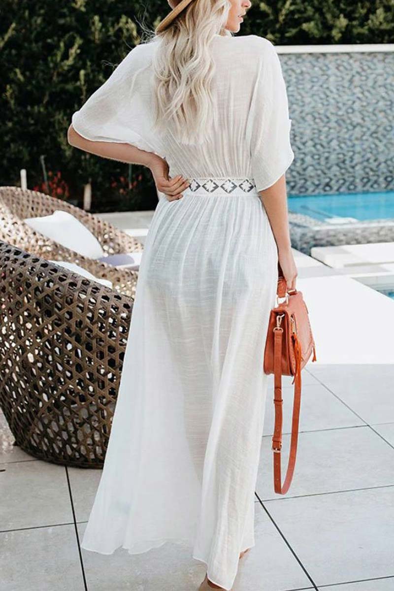 Boho Elbow Sleeve Crochet Trim Maxi Cover Up