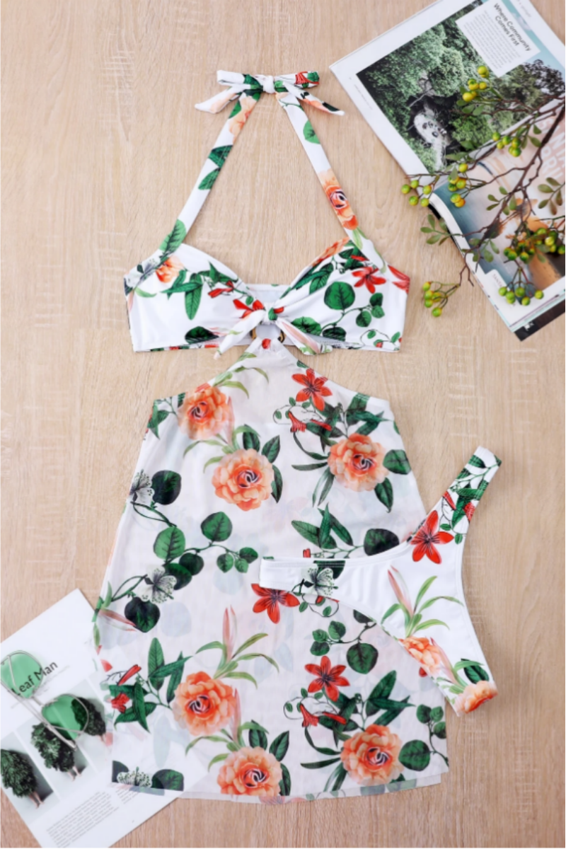 2026 Women's Printed Halter Bikini with Detachable Beach Dress