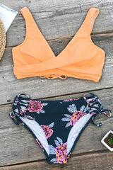 Orange And Purple Floral Lace-Up Bikini