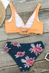 Orange And Purple Floral Lace-Up Bikini