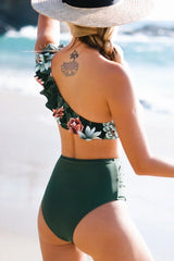 Dark Green Floral One Shoulder Ruffled High Waisted Bikini
