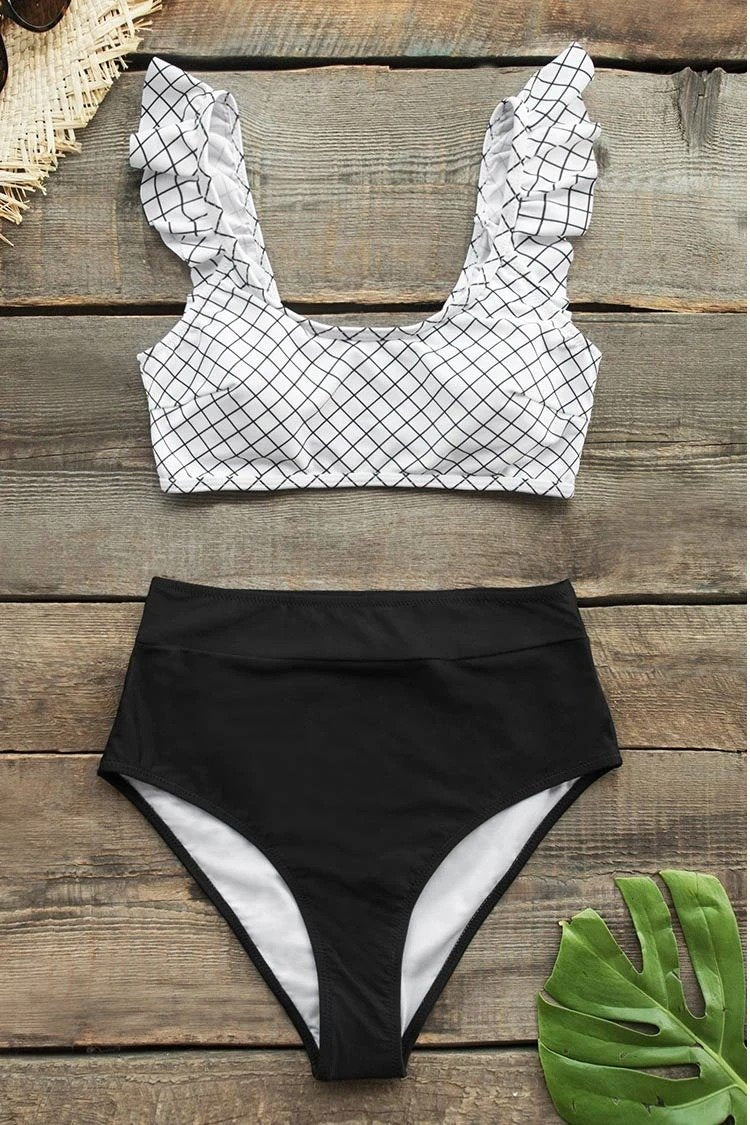 Black And White Windowpane Plaid High-Waisted Bikini
