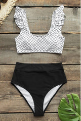 Black And White Windowpane Plaid High-Waisted Bikini