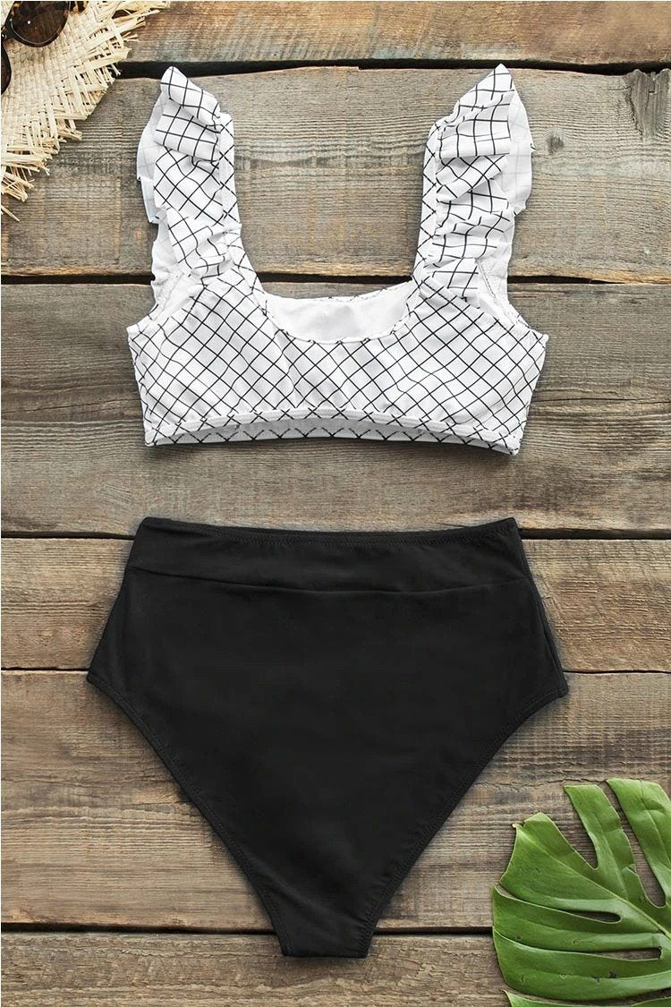 Black And White Windowpane Plaid High-Waisted Bikini