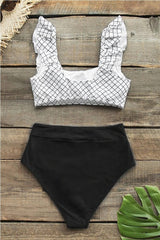 Black And White Windowpane Plaid High-Waisted Bikini
