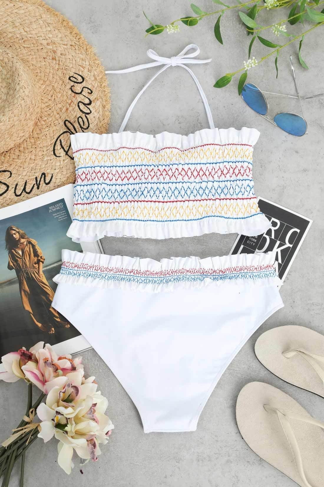 GirlOnStyle Colorful Zigzag Smocked Bikini Set