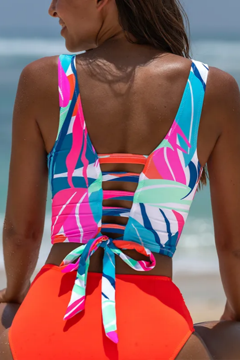 2026 Women's Plant-Pleated High-Waisted Suspender Tankini Swimsuit Set