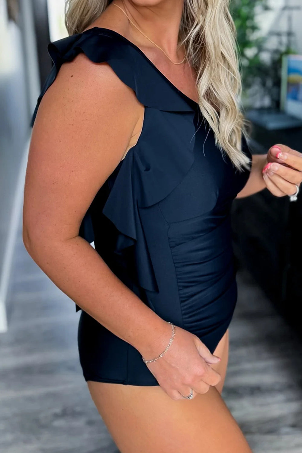 Noir Elegance One-Shoulder Ruffle Swimsuit