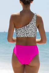 2026 Women's Wild Leopard Print Cutout One-Shoulder Bright Pink Bikini Set