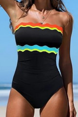 Women's Wavy Neon Strapless One-Piece Swimsuit