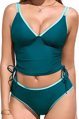 2026 Women's V-neck Drawstring Solid Color Tankini Halter Swimsuit