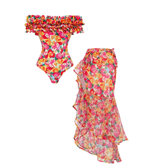 2026 Women's One-Piece Swimsuit with Detachable Ruffle Straps and Wrap Skirt