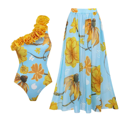 2026 Women's One-Shoulder Swimsuit with 3D Floral Print and Matching Skirt Set