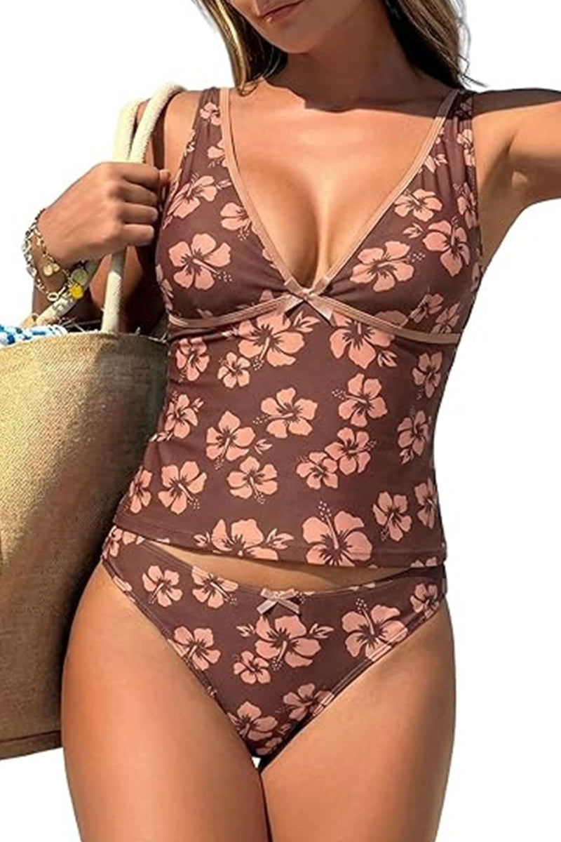 2026 Women's V-Neck Printed Tummy-Control Bow Color-Blocked Tankini Set