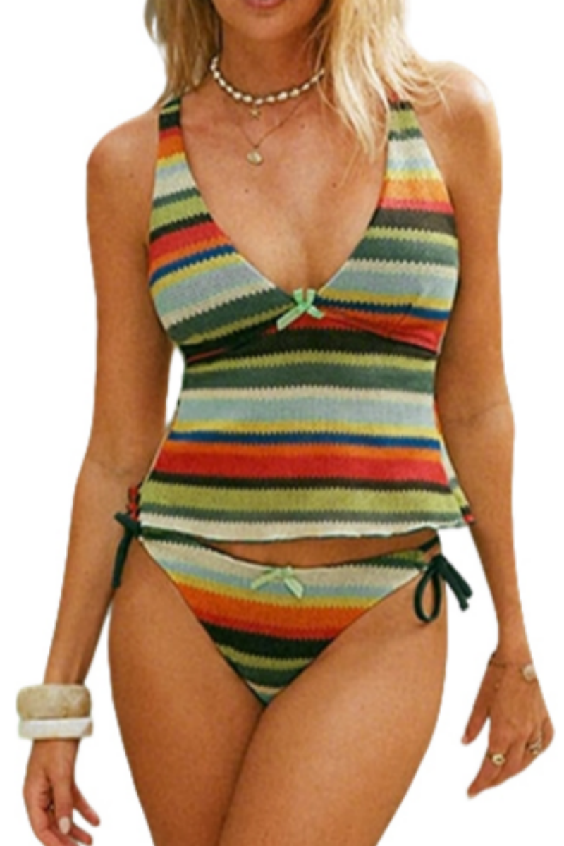 2026 Women's V-neck, Tummy-control, Printed, Tie-Up Thong, Tank Top Two-Piece Swimsuit Set