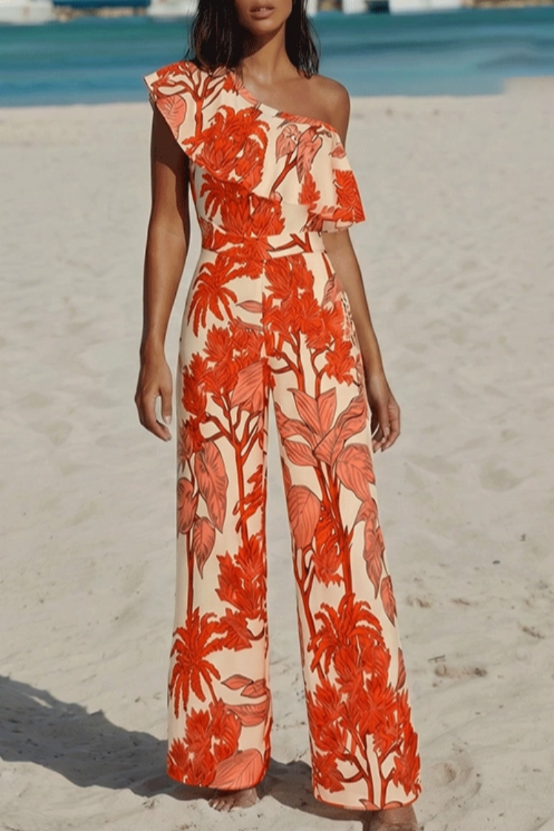 2026 Women's One-Shoulder Ruffled Botanical Print Swimsuit Two-Piece Set