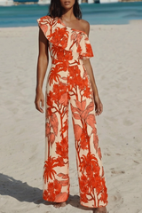 2026 Women's One-Shoulder Ruffled Botanical Print Swimsuit Two-Piece Set