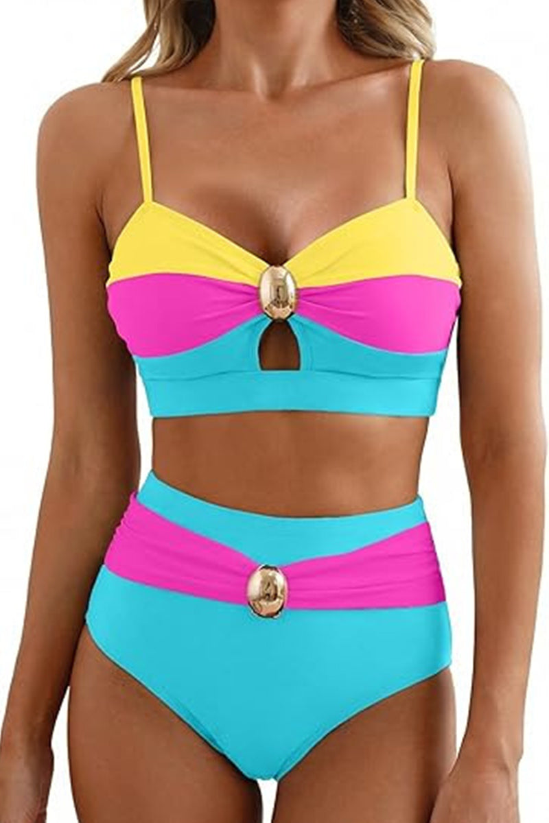 2026 Women's Oval Metal Hollowed-Out Two-Piece Color-Blocked Bikini Set