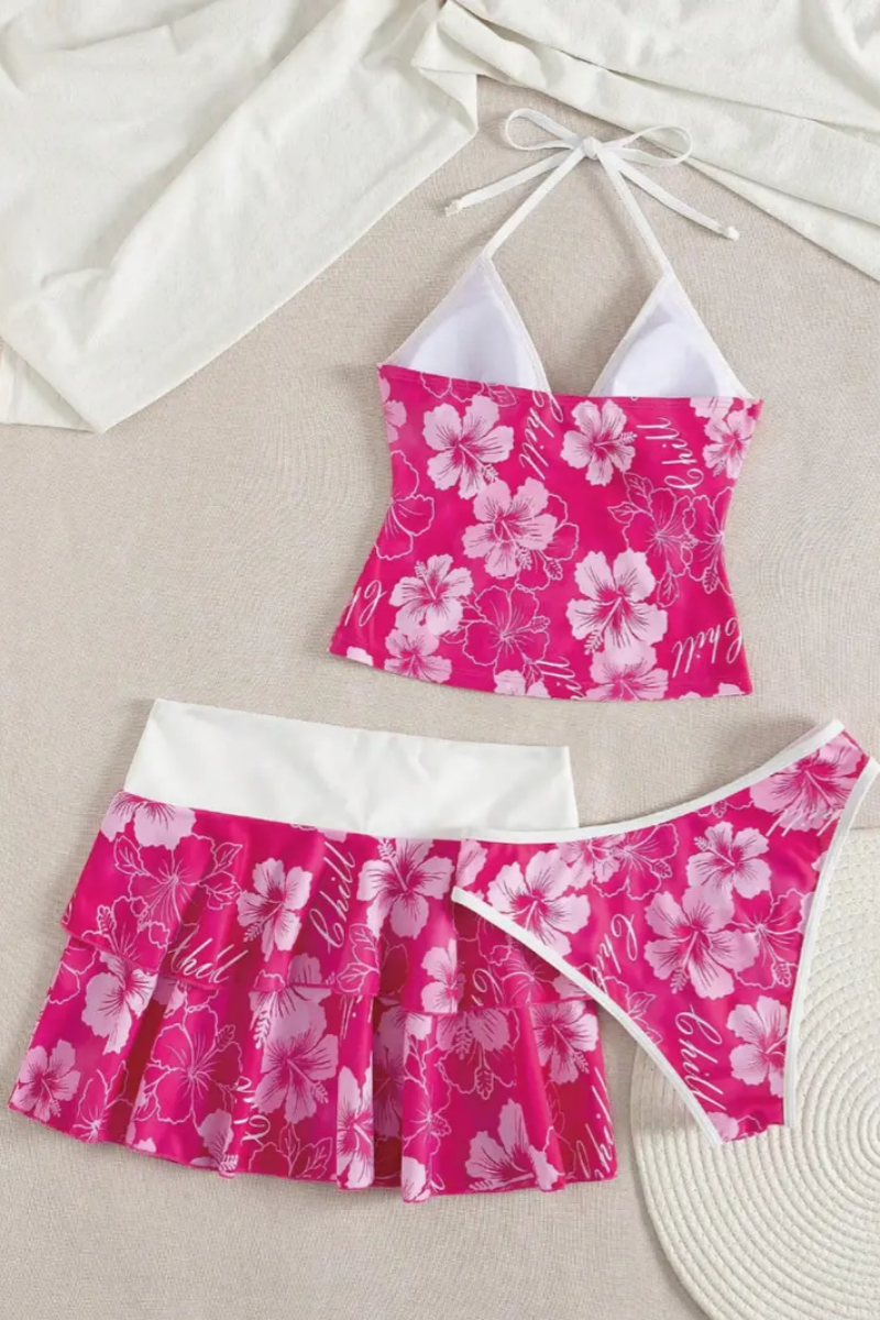 2026 Sexy Halter-Neck Printed Tankini Three-Piece Set For Women