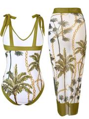 2026 Women's Botanical Print One-Piece Swimsuit with Sheer Cover-Up Skirt Set