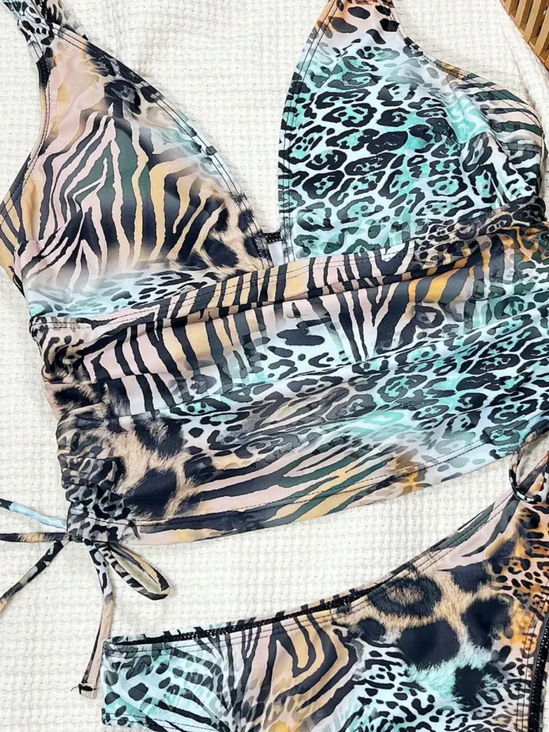 2026 Women's Deep V Leopard Print Two-Piece Tankini Swimsuit Set