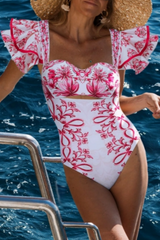 2026 Ruffled Lily-Print One-Piece Swimsuit with Skirt Set