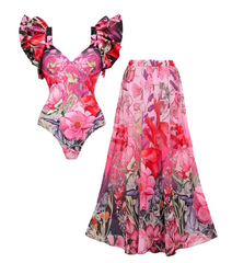 2026 Ruffled Blooming Flowers Print One Piece Swimsuit and Sarong
