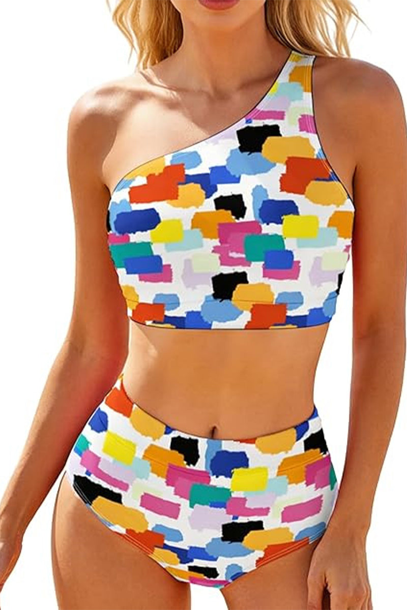 Women's One-Shoulder High-Waisted Color-Patterned Printed Bikini Set