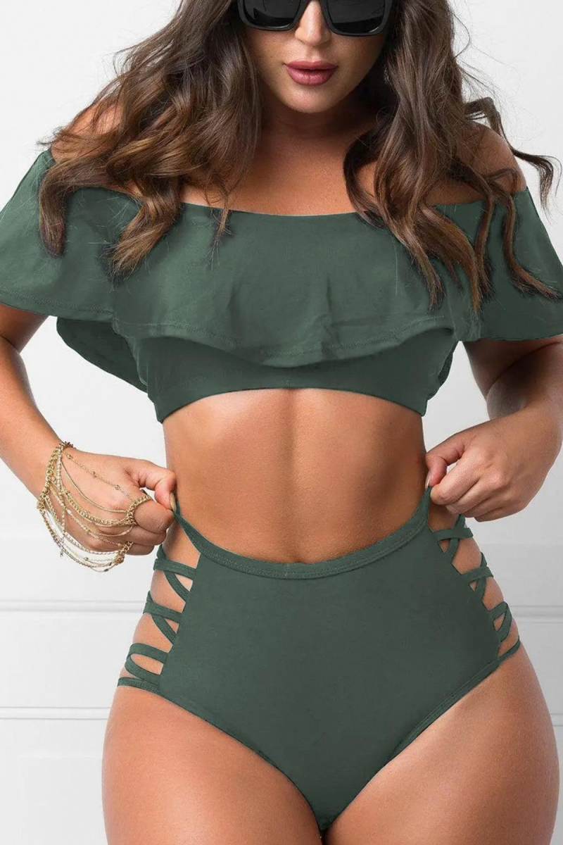 2026 Women's Solid Color Cross-Hole Off-Shoulder Ruffle Bikini Swimsuit Set