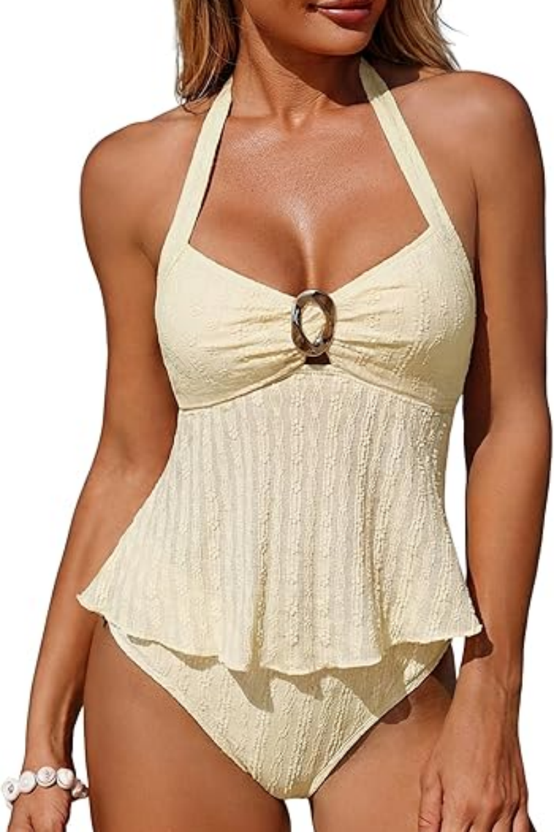 Women's Lace O-ring Halter Neck Tankini Swimsuit