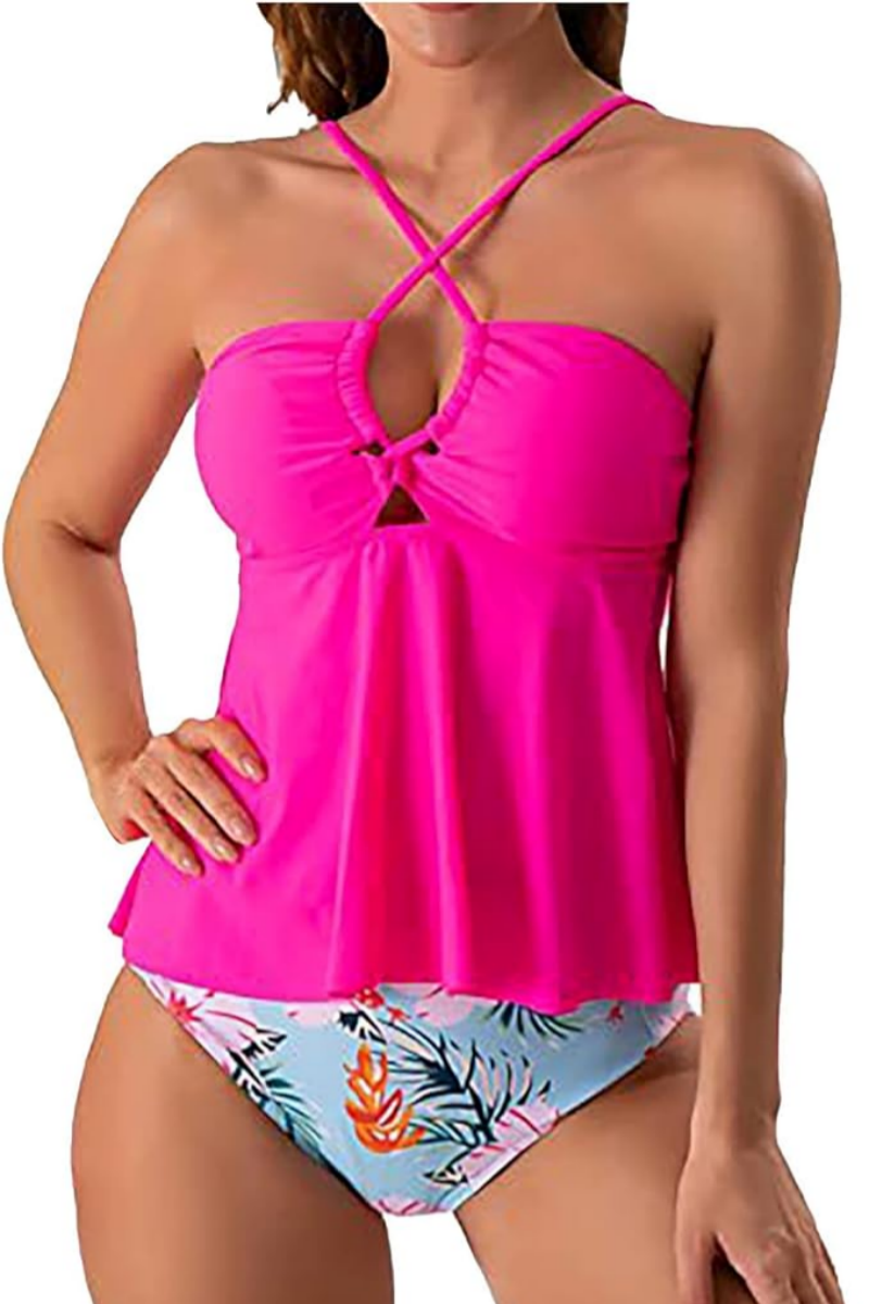 2026 Women's Twisted Halter Solid-Color Two-Piece Tank Swimsuit Set