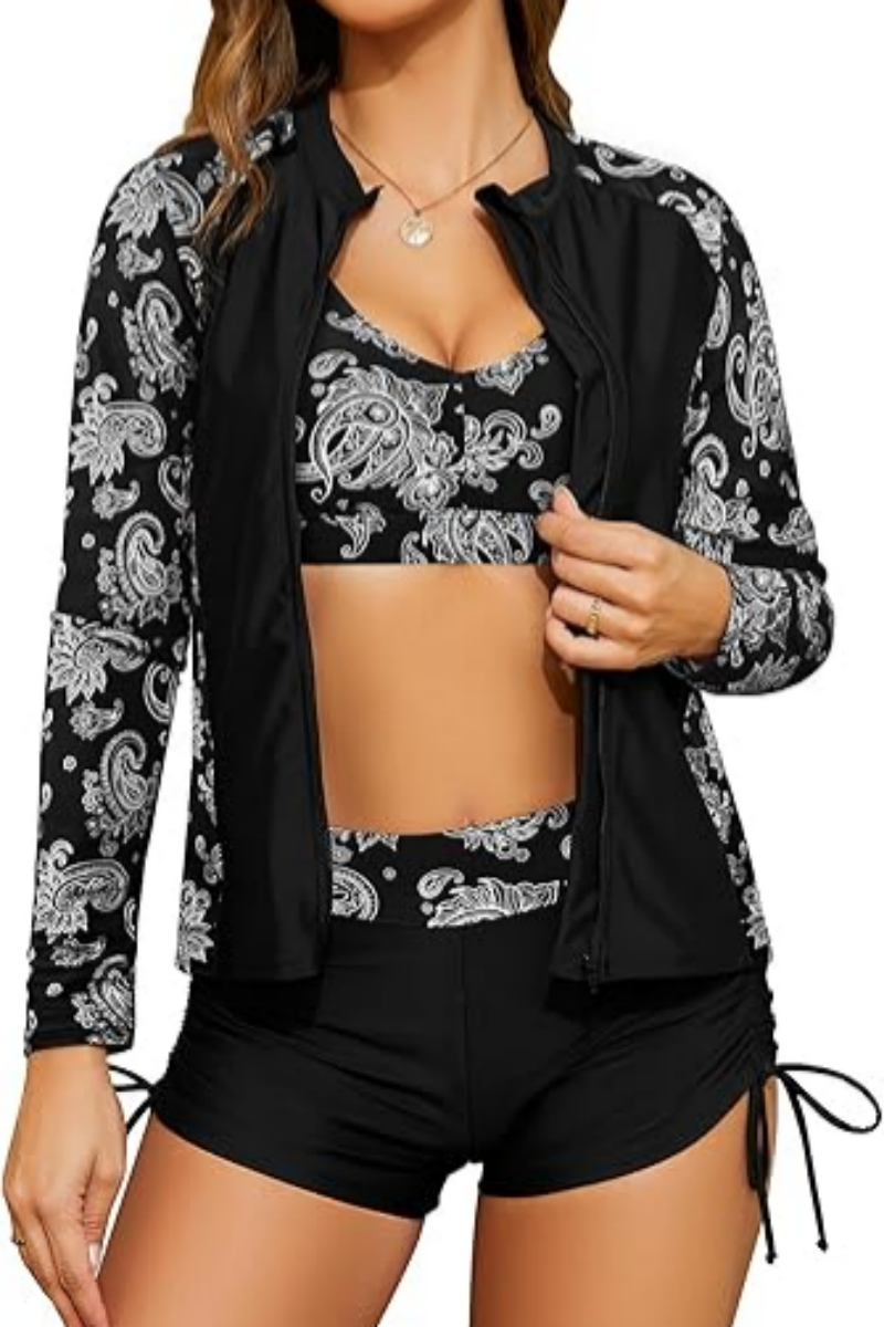 2026 Women's 3 Piece Rash Guard Long Sleeve Bathing Suits with Drawstring Short
