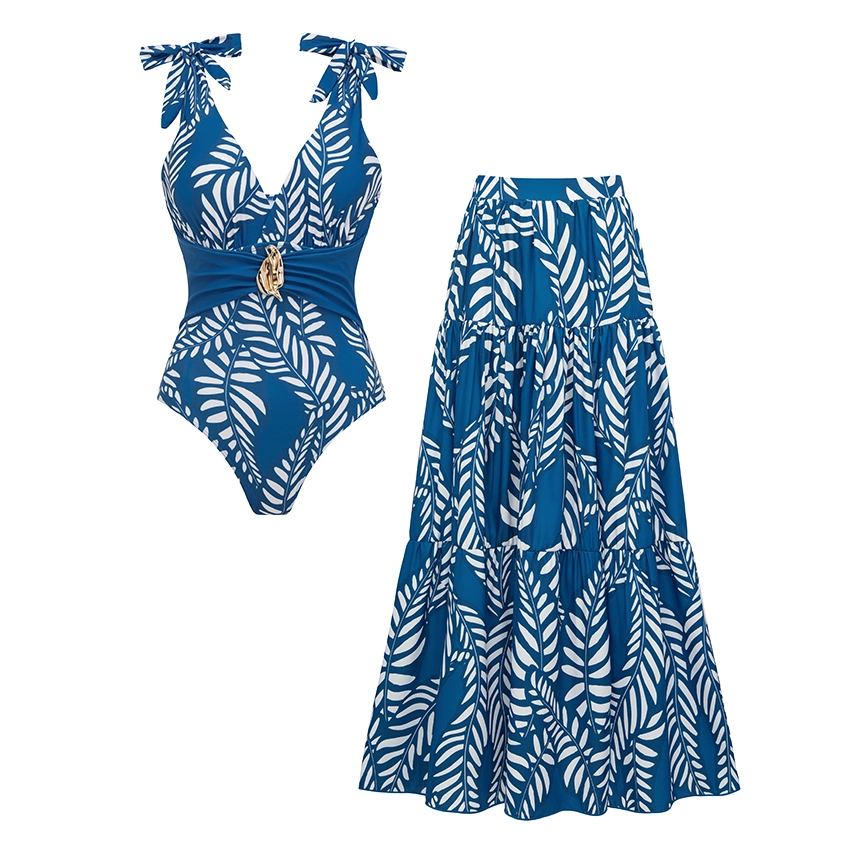 2026 Women's Printed Two-Piece Swimsuit with Shoulder Ties and Skirt