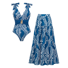 2026 Women's Printed Two-Piece Swimsuit with Shoulder Ties and Skirt