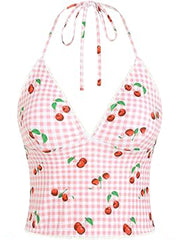 2026 Pink White Cherry Print Halter Tankini with Side Tie Bikini Bottom Two-Piece Swimsuit