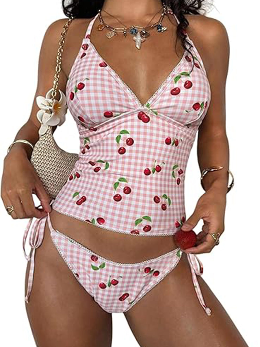 2026 Pink White Cherry Print Halter Tankini with Side Tie Bikini Bottom Two-Piece Swimsuit
