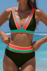 Women's Two-Piece Fluorescent Color-Blocked V-Neck High-Waisted Bikini Set