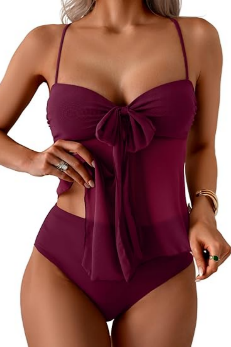 Women's Flowy Mesh Camisole Tankini Swimsuit Set
