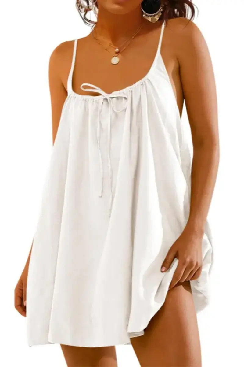 2026 Women Solid Color Spaghetti Strap Front Tie Backless Loose A-Line Mini Beach Cover Up Dress
