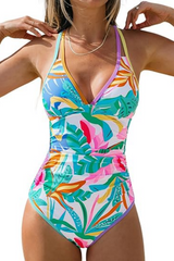 Women's One Piece Swimsuit V Neck Crisscross Back Cut Out Self Tie Color Block Ruched Bathing Suit