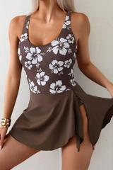 2026 Women's Printed Brown Color-Block Swimdress with Twisted Front Detail