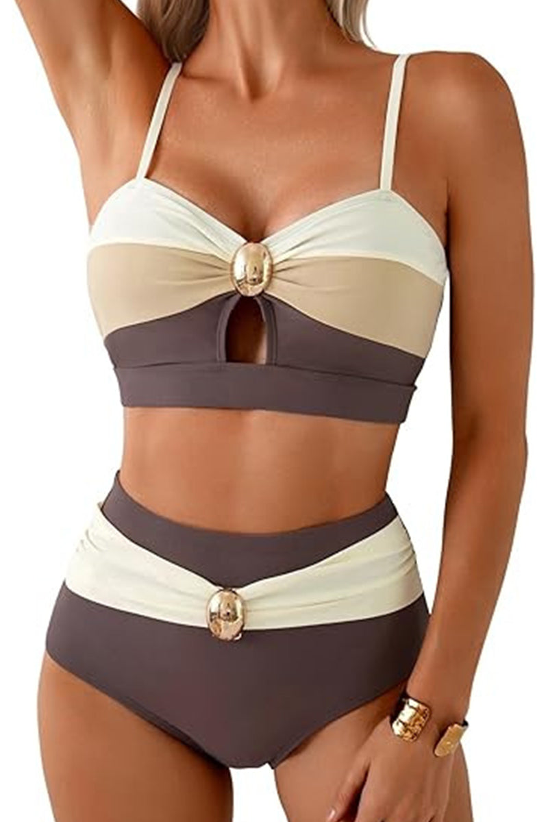 2026 Women's Oval Metal Hollowed-Out Two-Piece Color-Blocked Bikini Set