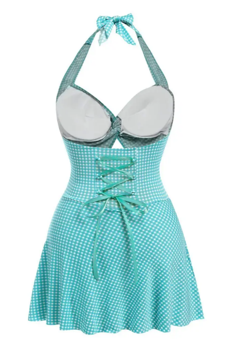 2026 Women's Retro Blue-Green Plaid Backless Strapless Swimsuit
