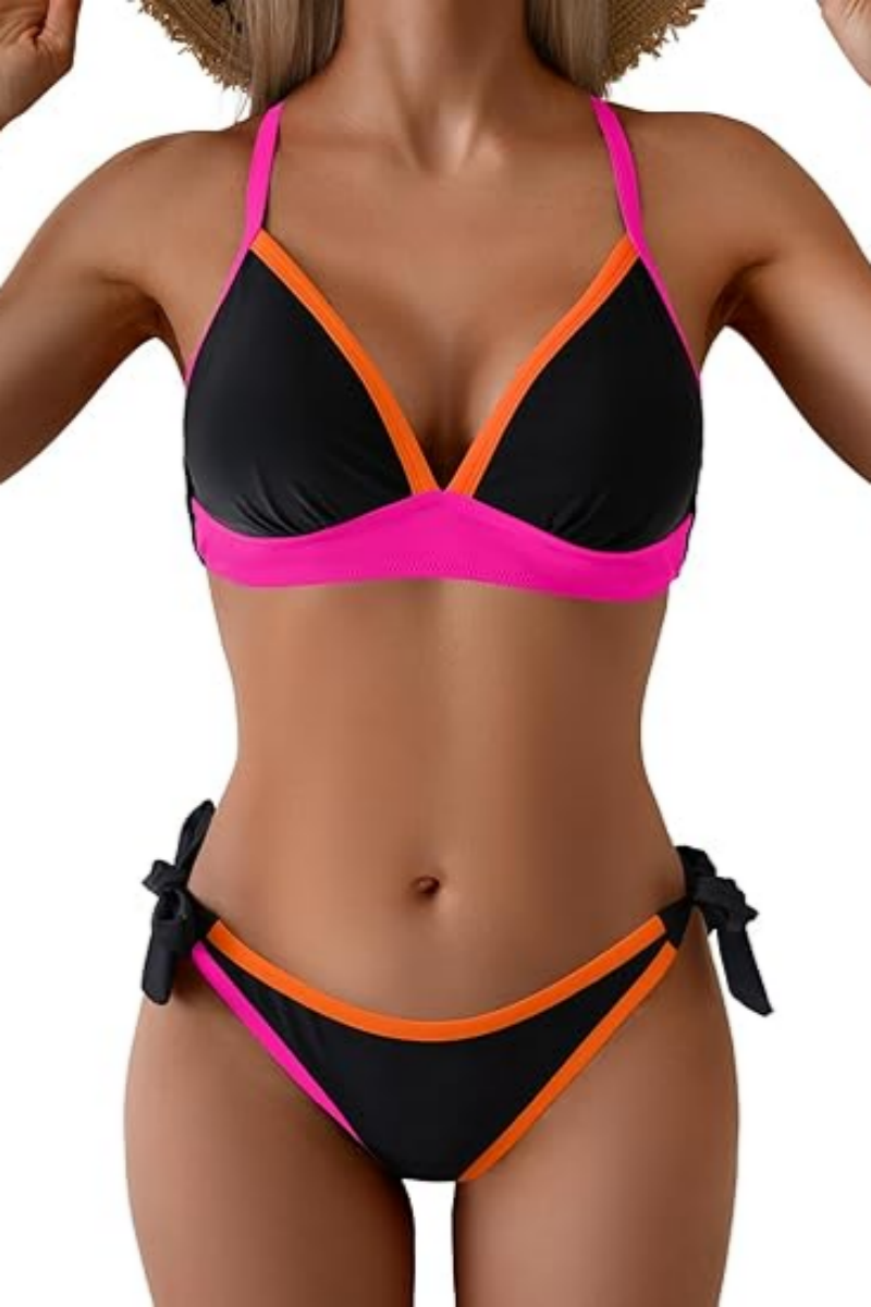 Women's Sexy V-Neck Crossover Color Block Bikini Set