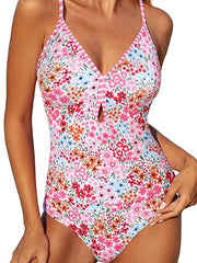 2026 Multicolor Plaid Print Keyhole Halter One-Piece Swimsuit
