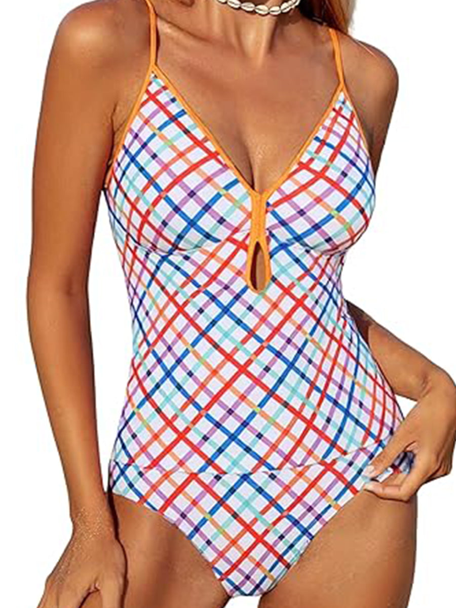 2026 Multicolor Plaid Print Keyhole Halter One-Piece Swimsuit