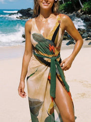 2026 Women's Ruffled Backless Tropical Print Bodycon Swimsuit and Tie-Waist Skirt Set