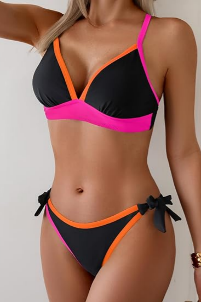 Women's Sexy V-Neck Crossover Color Block Bikini Set