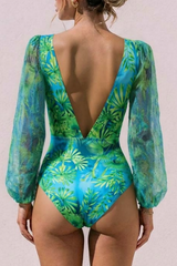 2026 Long-sleeved Jungle Green Print One Piece Swimsuit and Skirt