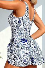2026 Women's Round-Neck One-Piece Swimsuit With Blue And White Floral Print
